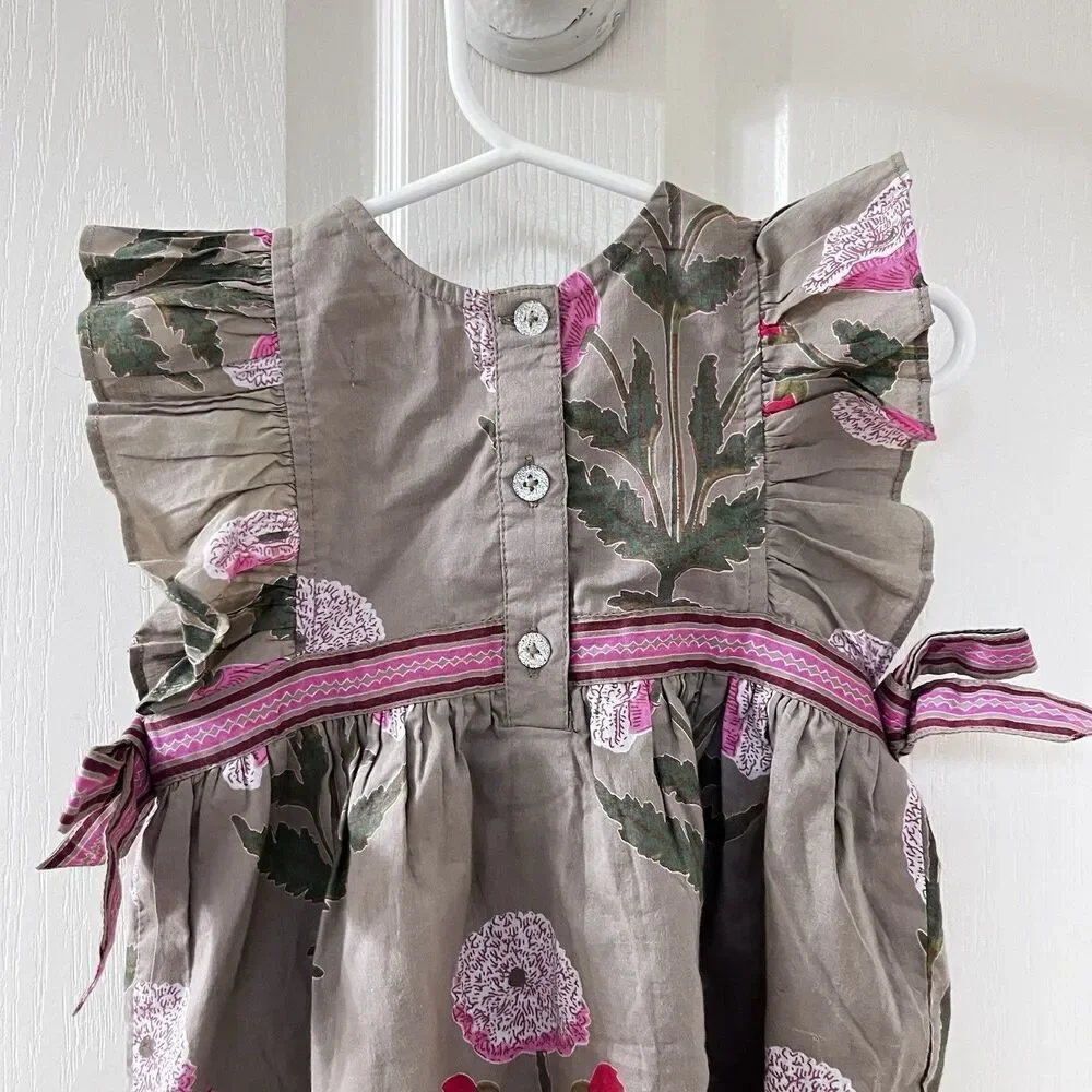 Pink Chicken Olive Green Floral Romper Side Bows Cotton Girls Size 6-12 Months